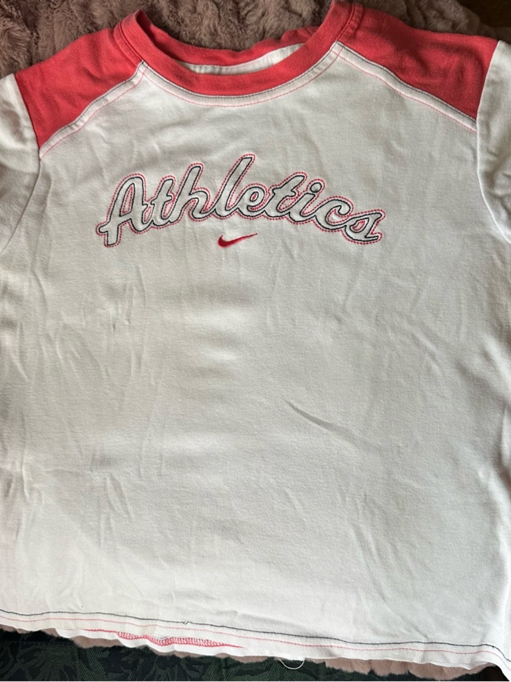 Nike White & Coral Raglan 'Athletics' Tee